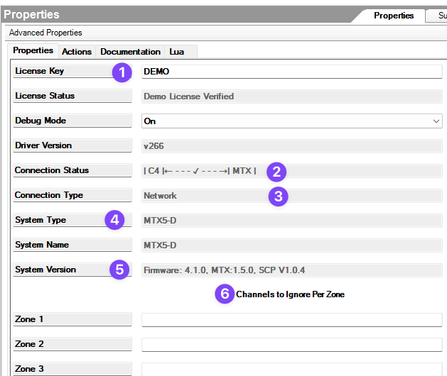 The Core driver properties panel.